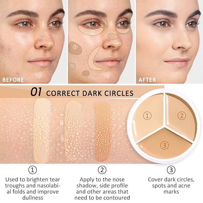 Kaely 3Pcs Tri Color Concealer Pot,Color Correcting Concealer for Dark Circles Spots,Cream Concealer Full Coverage,Foundation Contour Makeup Palettes,under Eye Brightener corrector de ojeras,01+02+03-Velvo Beauty