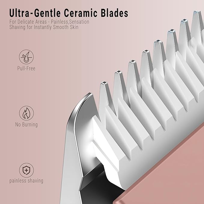 2-in-1 Bikini Trimmer for Women, Bikini Shaver with Dual Heads, Painless Body and Facial Hair Removal, Rechargeable Cordless Electric Razors for Face Chin Pubic Underarm Legs, IPX7 Waterproof, Pink-Velvo Beauty