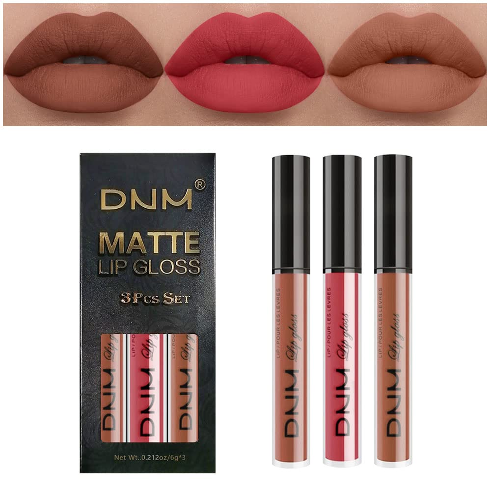 evpct 3Pcs Nude Brown Rose Pink Dark Matte Liquid Lipstick Makeup Sets for Dark Skin Black Women, Permanent Lip Stain Set Long Lasting Lipstick 24 Hours Waterproof labiales mate 24 horas originales 09-Velvo Beauty