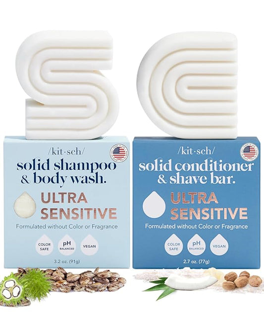 Kitsch 2-in-1 Ultra Sensitive Shampoo Bar & Body Wash + Conditioner Bar & Shaving Soap – Fragrance-Free Bar Soap for Sensitive Skin & Scalp - For Healthy, Radiant Hair and Skin - Made in USA – 2pcs-Velvo Beauty