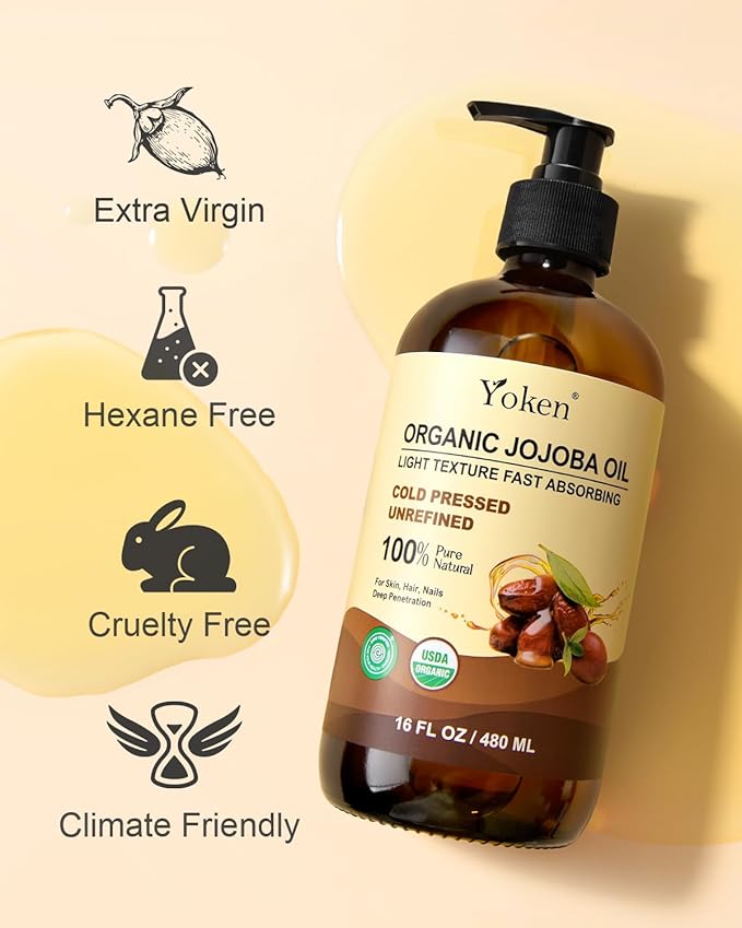 Yoken Organic Jojoba Oil Glass Bottle 16 fl oz, USDA Certified 100% Pure & Natural Jojoba Oil for Hair, Skin & Face, Cold Pressed Unrefined Hexane Free, Deeply Moisturizing Body Serum for Gua Sha-Velvo Beauty