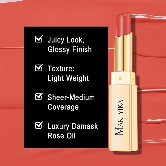 MAKI YIKA Moisture Coral Red Lipstick for Women Hydrate Lip Balm for Dry Cracked Lips Weightless Glossy Lip Color Juicy Finish,MA053 Coral Red-Velvo Beauty