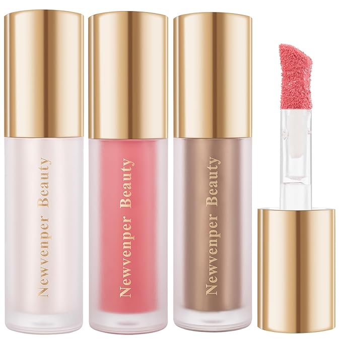 Face Blush+ Face Highlighter+ Face Contour with Brush Liquid Blush, Liquid Highlighter, Liquid Contour Long Lasting & Smooth Creamy Formula Lightweight Blush, Illuminator, Contour-Velvo Beauty