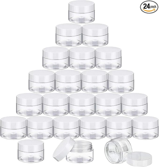 SATINIOR 24 Pieces Empty Clear Plastic Jars with Lids Round Storage Containers Wide-Mouth for Beauty Product Cosmetic Cream Lotion Liquid Butter Craft and Food (White Lid, 1 oz)-Velvo Beauty