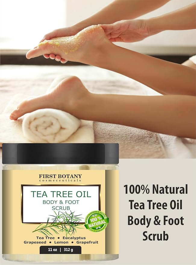First Botany 100% Natural Tea Tree Oil Body & Foot Scrub with Salt - Best for Acne, Dandruff and Warts, Corns, Calluses, Athlete foot, Jock Itch & Body Odor-Velvo Beauty