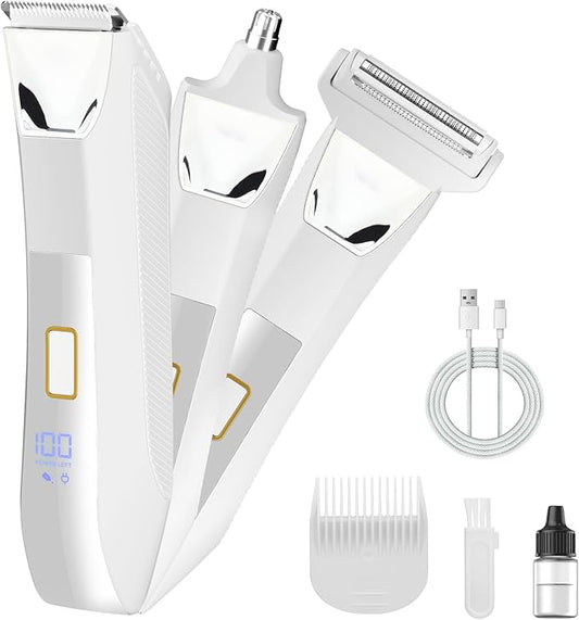 Suttik Bikini Trimmer for Women, 3 in 1 Electric Shaver for Women, Waterproof Pubic Body and Nose Hair Trimmer, Rechargeable Electric Razor for Underarm Leg Arm Body Nose-Velvo Beauty