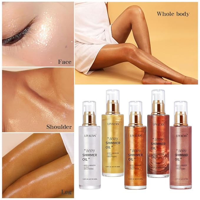 Liyalan Shimmer Body Oil 5 Color Gold 3.38 Fl Oz Face Glow Pearl Highlighter Illuminator Body Makeup Shine Glitter Gold Liquid Taning-Velvo Beauty