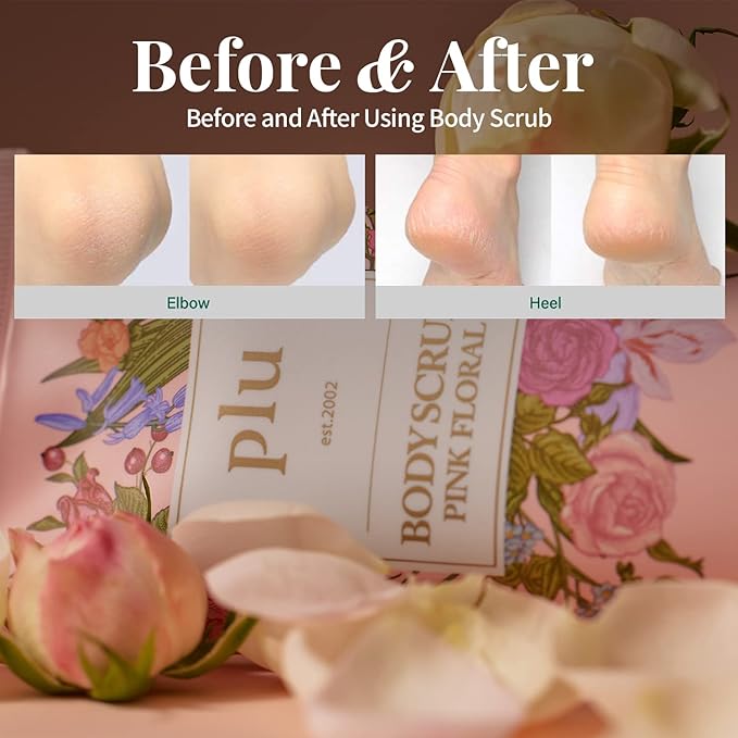 PLU Korean Walnut Body Scrub Pink Floral with Manuka Honey - Exfoliating & Moisturizing & Firming Glow - for Acne, Cellulite, Stretch Marks, Spider Veins, Fresh & Elegance Rose Scent 6.76 oz.-Velvo Beauty