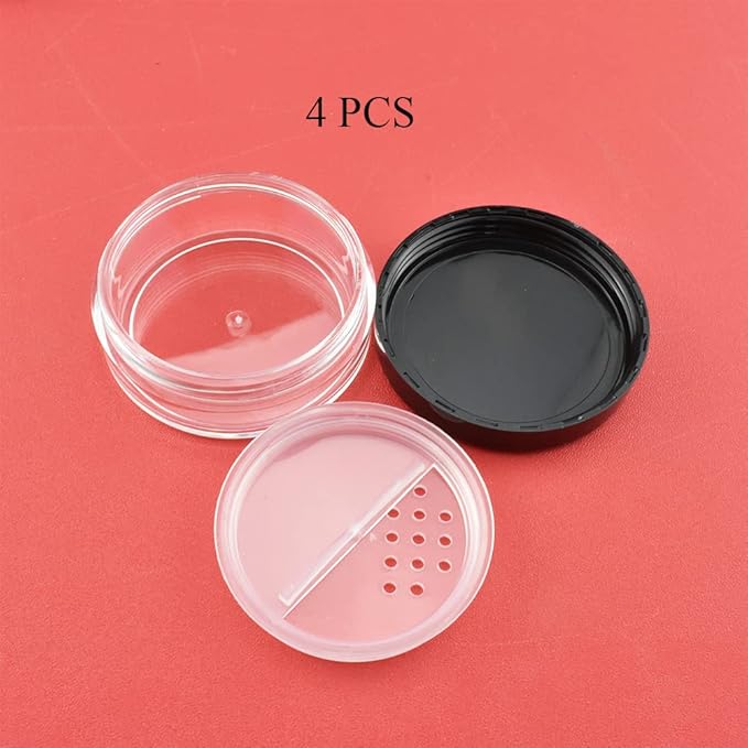 HAHIYO 4pcs 10ml/0.34oz Plastic Empty Travel Compact Case Makeup Cosmetic Jar Refillable Powder Box No Leak Holder with Rotatable Sifter and Black Screw Lid-Velvo Beauty
