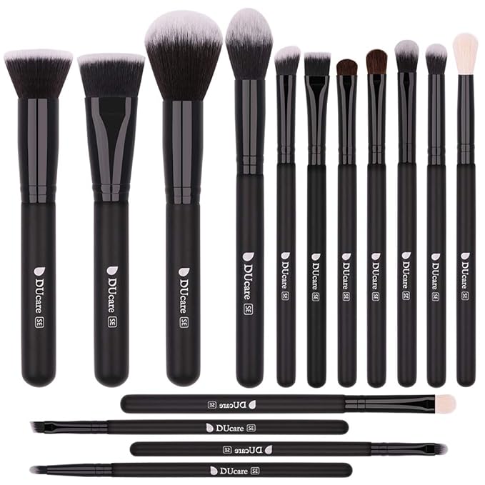 DUcare Makeup Brushes 15Pcs Premium Synthetic Kabuki Makeup Brush Set, Professional Foundation Concealers Powder Blush Blending Face Eye Shadows Black Brush Sets-Velvo Beauty