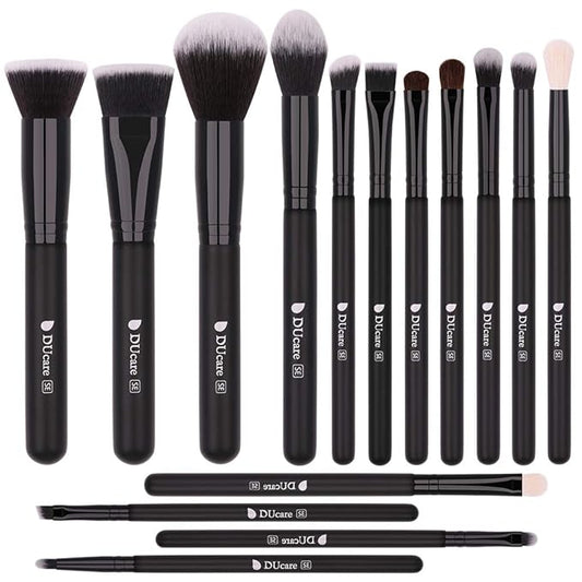 DUcare Makeup Brushes 15Pcs Premium Synthetic Kabuki Makeup Brush Set, Professional Foundation Concealers Powder Blush Blending Face Eye Shadows Black Brush Sets-Velvo Beauty