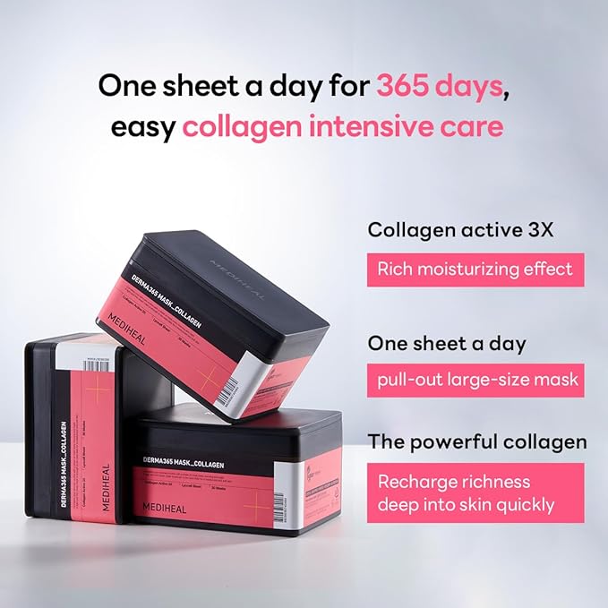 Mediheal Derma 365 Collagen Mask (30 Masks) - Daily Skin Care Mask for Firm Moisturizing to Lift Skin with Collagen Active 3X-Velvo Beauty
