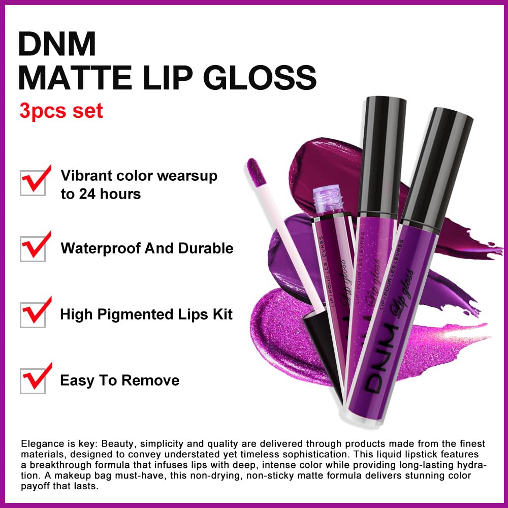 evpct 3Pcs Violet Purple Crystal Metallic Shimmer Glitter Matte Liquid Lipstick Lip Stain Sets for Women Matte+Lipstick Long Lasting Waterproof Permanent 24 Hours Magic Lipstick 24 Hours original-Velvo Beauty