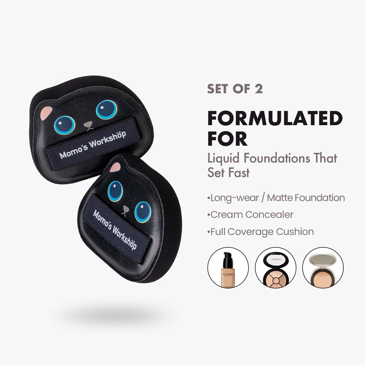 Black Cat Toto Airy Marshmallow Puff,Makeup Sponge,Rubycell Material,Pointed Tip for Concealer + Flat Side for Foundation, Longwear Makeup, Travel Friendly & Reusable,2pcs Puffs & Storage Case-Velvo Beauty