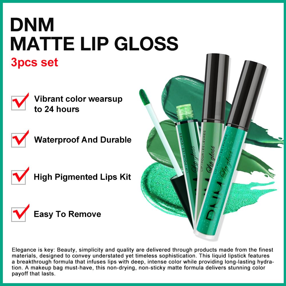 evpct 3Pcs Dark Pale Teal Forest Emerald Green Matte Glitter Shimmer Shiny Liquid Lipstick Lip Stain Sets for Women Matte+Lipstick Long Lasting Waterproof 24 hr Magic Lipstick 24 Hours original-Velvo Beauty