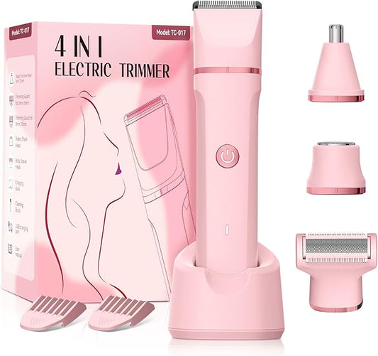 Bikini Trimmer for Women - 4 in 1 Electric Razors for Women, Waterproof Body Pubic Hair Electric Shaver for Womens, Replaceable Facial & Nose Hair Razor, Rechargeable Grooming Kit, Pink-Velvo Beauty
