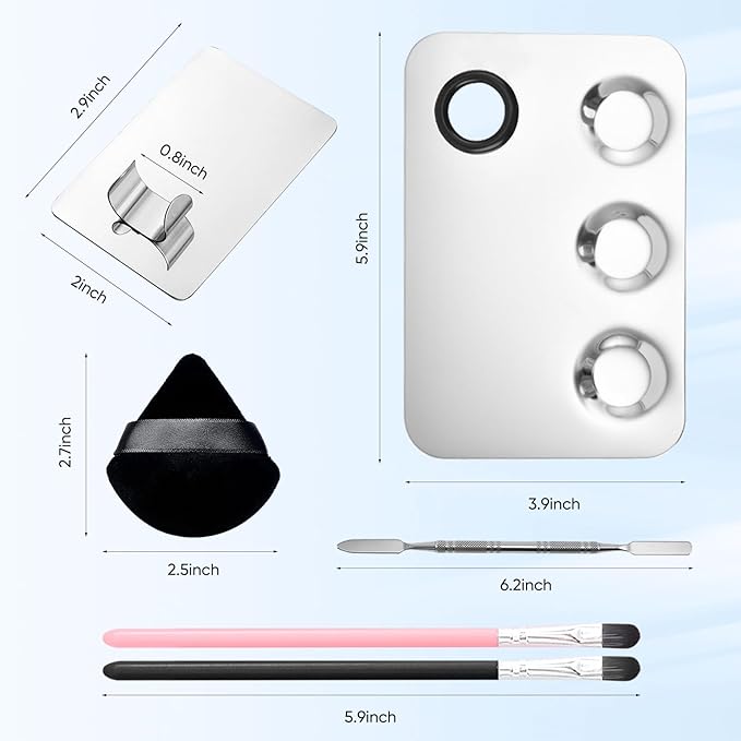 Stainless Steel Cosmetic Palette with Spatula, 3-well Mixing Makeup Palette and 3-dents Nail-art Mixer Metal Tray, also Fine Eyeliner Brush and Powder Puffs .Professional Makeup Palette with Spatula-Velvo Beauty