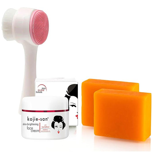 Kojie San Skincare Bundle - Facial Brightening Set with 2 Bars of Kojic Acid Soap, Face Cream & Exfoliating Face Brush-Velvo Beauty
