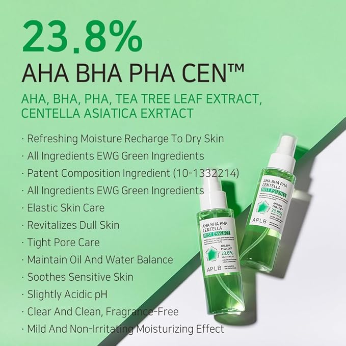 APLB AHA BHA PHA Centella Mist Essence | AHA BHA PHA CEN™ 23.8% 3.55 FL.OZ/Korean Skincare, Exfoliant, Replenishing Moisture, Revitalize for Gentle and Improve Skin Texture-Velvo Beauty