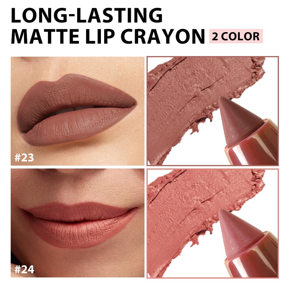 BINGBRUSH Matte Lip Crayon Set – Longwear, Waterproof, Velvet Finish, Built-in Sharpener, Smooth Lip Liner & Gloss (23#+24#, 2 Count (Pack of 1))-Velvo Beauty