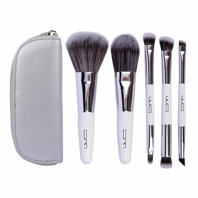 Travel Makeup Brushes Set w/Pouch, 5PCS Double Ended Portable Mini Cosmetic Brushes Kit for Foundation, Eyeshadow, Lip, Blush Make Up Brushes Professional(White)-Velvo Beauty