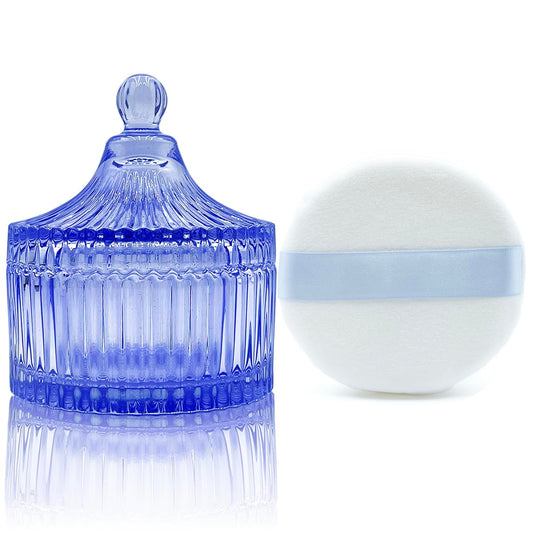 Ultra Soft Powder Puff and Container 3.3" High Density Velvet Dusting Washable Reusable Powder Puff,Body Powder Puff and Glass Jar Holder Loose Powder Box with Puff for Face Makeup(Blue)-Velvo Beauty