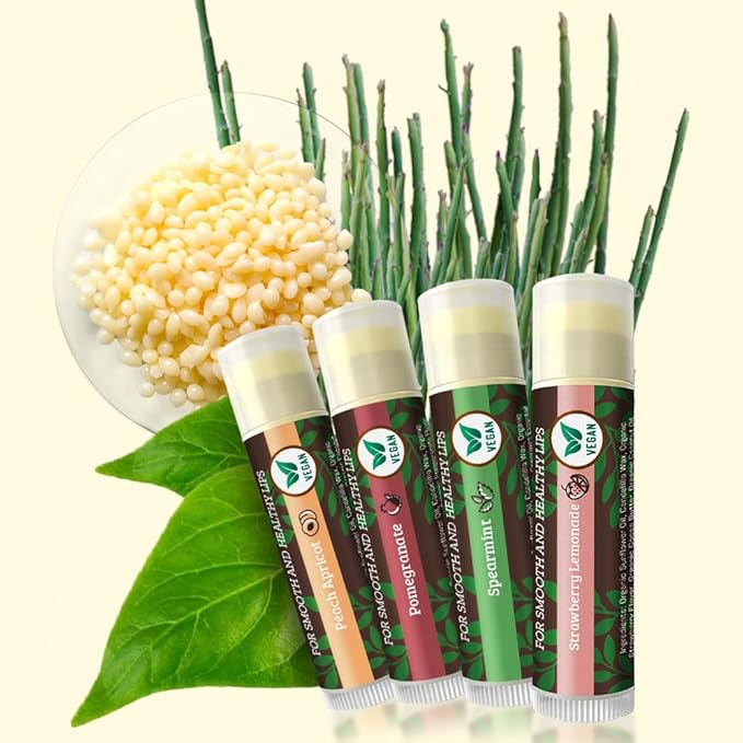 Vegan Lip Balm by Earth’s Daughter, Beeswax Free Lip Balm, Natural, Organic Flavors - 4 Pack of Assorted Flavors, Plant Based Vegan Chapstick, Lip Moisturizer-Velvo Beauty