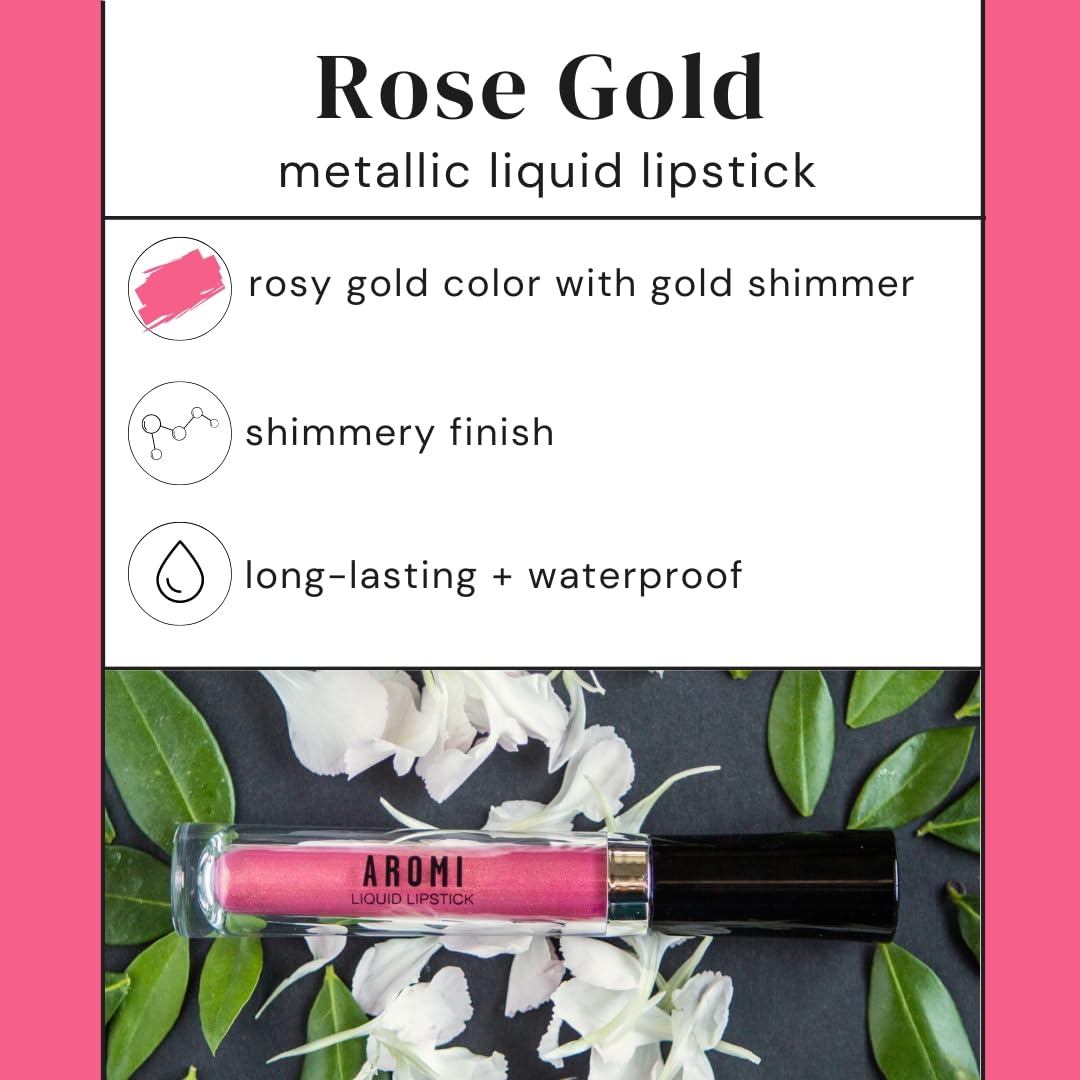 Aromi Metallic Liquid Lipstick | Peachy Pink, Coral Lip Color with Shimmery Finish, Long-lasting, Vegan, Cruelty-free, Smudge Proof, Gluten Free (Rose Gold)-Velvo Beauty