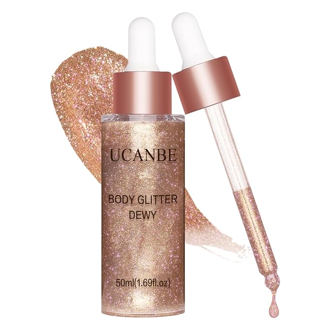 UCANBE Hydrating Body Glitter Dewy Highlighter Makeup Luminizer Drops Body Shimmer Liquid Face Glow Sparkles for Women Gifts (Rose Gold - 03)-Velvo Beauty