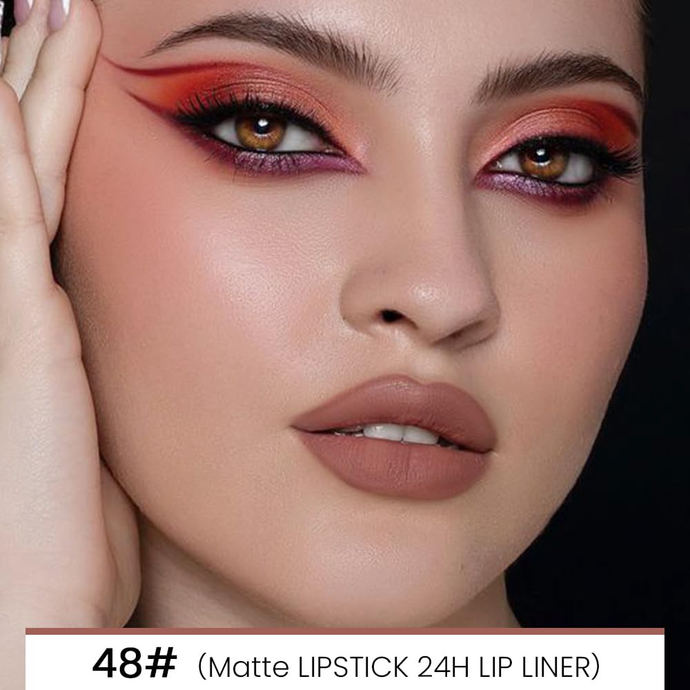 Kaely 2-in-1 Nude Brown Beige Velvet Matte Lip Liner & Lipstick Combo Set Kit for Women, Magic 24 Hours Lipstick and Lip Liner Makeup Set Stain Long Lasting Waterproof labial 48-Velvo Beauty
