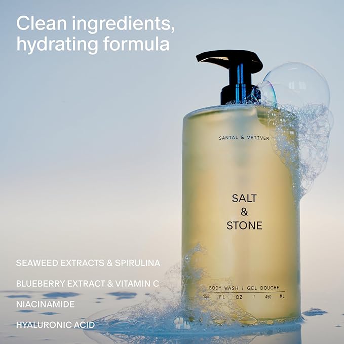 Salt & Stone Antioxidant-Rich Body Wash - Santal & Vetiver | Cleanse, Nourish & Soften Skin with Niacinamide & Hyaluronic Acid | Free From Parabens, Sulfates & Phthalates (15.2 fl oz)-Velvo Beauty