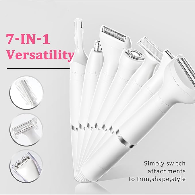 7-in-1 Electric Razor for Women - Painless Facial Hair Removal & Bikini Trimmer, Nose Eyebrow Pubic Hair Shaver with Replaceable Razors, Waterproof Women's Grooming Kit & Electric Shaver-Velvo Beauty