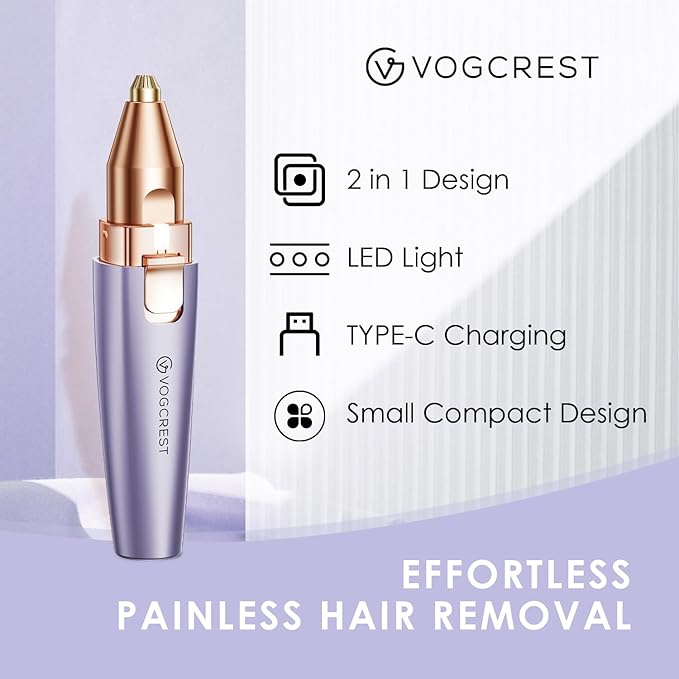 Eyebrow & Facial Trimmer: 2-in-1 Rechargeable Facial Hair Removal & Eyebrow Shaver - Painless Razor with Built-in LED Light (Solar Purple)-Velvo Beauty