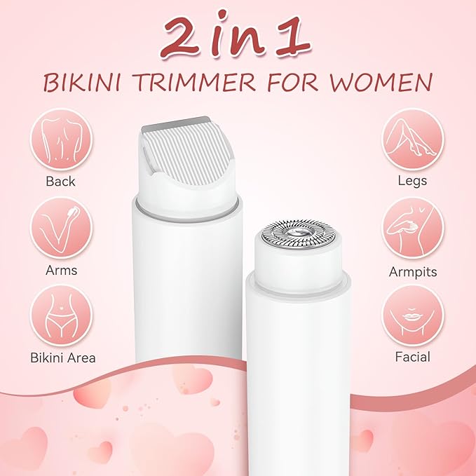 Bikini Trimmer for Women - 2 in 1 Electric Body Hair Trimmer for Silky Skin, Cordless Body Shaver for Travel, IPX7 Waterproof & Easy to Clean, Replaceable Ceramic Blade Heads (White)-Velvo Beauty