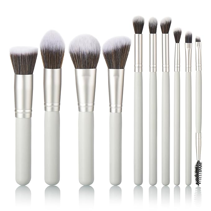 10 Piece Makeup Brushes - Grayish Green Wooden Handle with Soft Synthetic Bristles,for Face & Eye Makeup|Professional Makeup Brushes set for Women & Girls|-Velvo Beauty