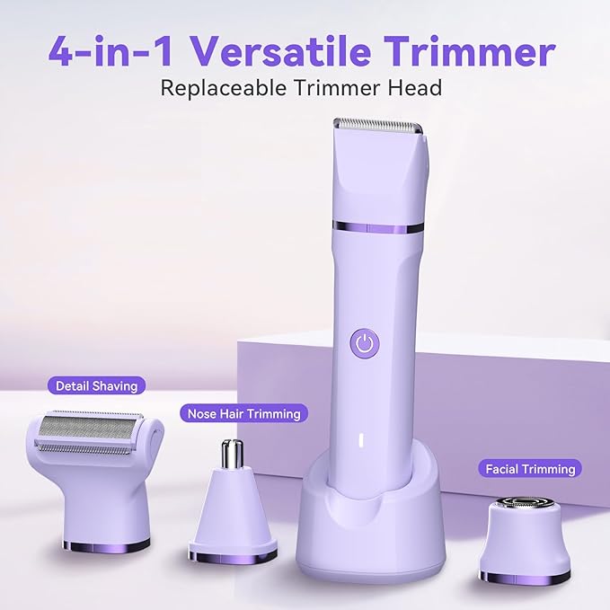Electric Razors for Women - 4 in 1 Bikini Trimmer for Women, Waterproof Body Pubic Shaver for Womens Wet & Dry Use, Replaceable Facial & Nose Hair Trimmer, Rechargeable Hair Removal Kit, Purple-Velvo Beauty