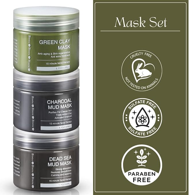 Clay, Dead Sea Mud & Charcoal Gel Face Mask Trio With Applicator, Deep cleansing Clay and Mask Applicator, Facial Therapy PH Balanced Hypo-allergenic-Velvo Beauty