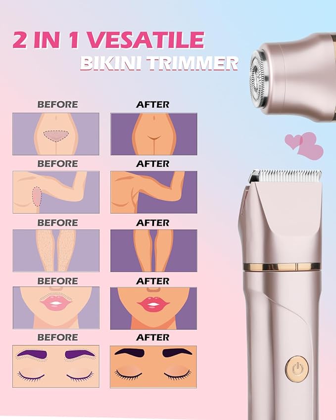 Bikini Trimmer for Women 2-in-1 – Rechargeable Electric Razors for Women, Painless Electric Shaver for Bikini, Underarm, Legs, Arms – IPX7 Waterproof, Compact Travel Design-Velvo Beauty
