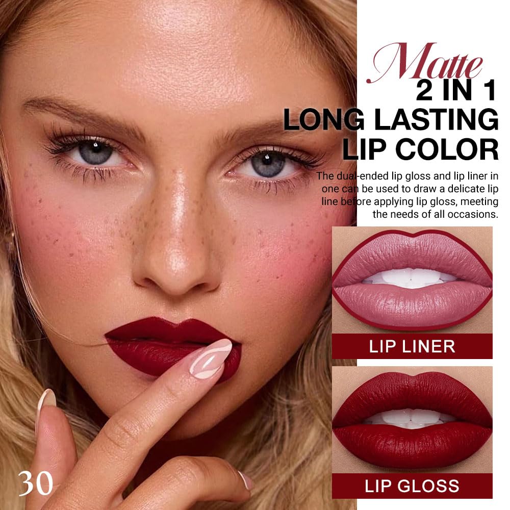 evpct 1Pcs Dark Oxblood Red Matte Lip Liner and Liquid Lipstick Stain Makeup Set for women, Red Long Lasting Smudge Proof Lipstick labiales matte mate larga duracion listip 24 hours originales, 30#-Velvo Beauty