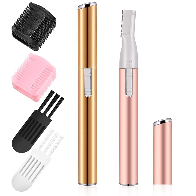 Chumia 2 Pcs Electric Eyebrow Trimmer Women Precision Face Razors Mini Shaver with Comb Christmas Women Gift Battery Operated Personal Epilator for Face Neck Fuzz Lips Leg(Gold, Light Pink)-Velvo Beauty