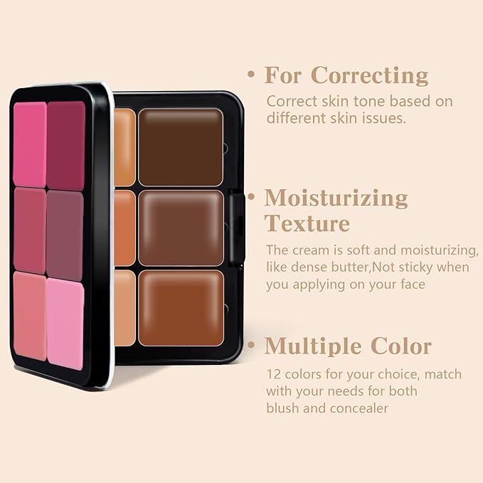 12 Colors Color Correcting Concealer Foundation Palette, Cream Blush and Concealer Palette, Long Wearing Smudge Proof Blendable Matte Finish Blush Powder Highlighter Cream Contour Palette Makeup (02)-Velvo Beauty