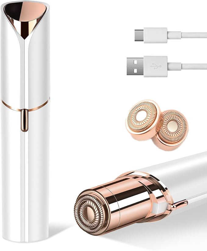 Facial Hair Remover for Women- as Seen on TV Painless Face Shaver -Mini Hair Remover, Electric Razor Shaver Portable Bikini Epilator for Lips, Chin(White+2 Heads)-Velvo Beauty