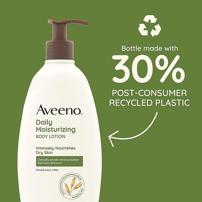 Aveeno Daily Moisturizing Body Lotion for Dry Skin with Prebiotic Oat, Fragrance & Paraben Free, Non-Greasy, Non-Comedogenic, for Sensitive Skin & 72-Hour Moisturizer 18 Fl Oz-Velvo Beauty