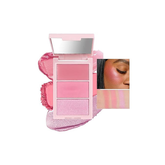 3D Blush Palette, Multi-Use Makeup Powder Pink Blush Palette Makeup Cream Blush For Cheeks, Lightweight, Smooth, Blendable, Contour & Highlight Face for Shimmery Or Matte Finish, #04 Pink-Velvo Beauty