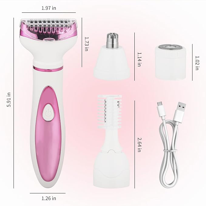 Electric Razor for Women Men,4 in 1 Painless Ladies Wet & Dry Body Razors and Facial Hair Remover,Rechargeable Led Display Hair Removal Kit for Nose Face Body Leg Bikini Arm Hair (Pink)-Velvo Beauty