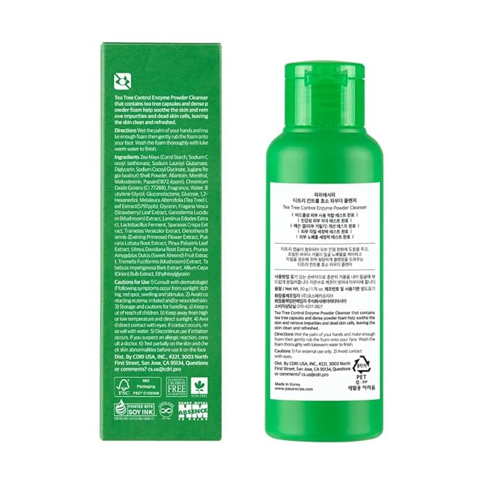 Papa Recipe Tea Tree Control Enzyme Powder Cleanser - Soft Exfoliating Facial Wash for Sensitive Skin (50g, 1.72oz) - Korean Skincare for Soothing, Balancing skin's moisture and oil level-Velvo Beauty