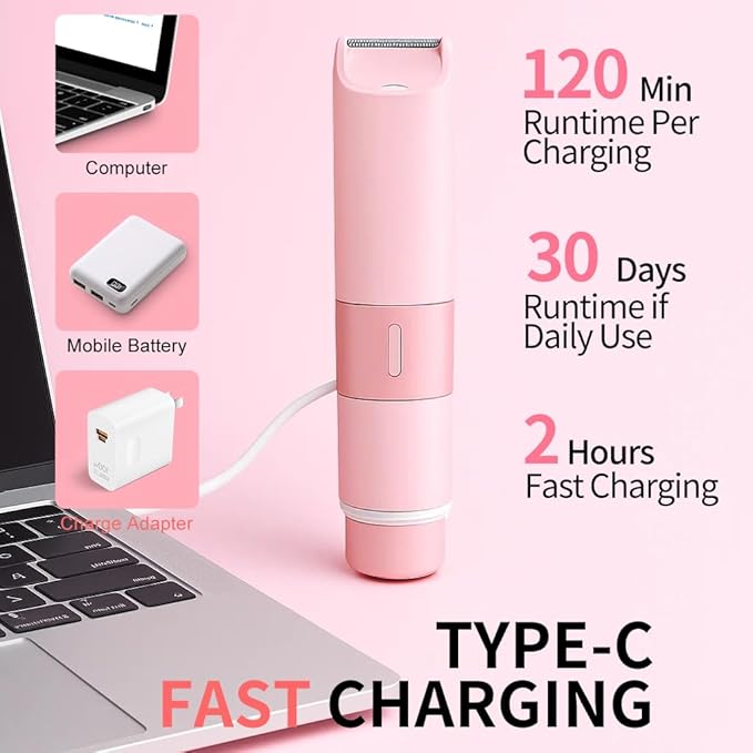 Bikini Trimmer for Women - 2 in 1 Painless Electric Razors for Women, IPX7 Waterproof Rechargeable LED Dual Head Electric Shaver for Lady Bikini Underarm, Body, Leg, Face Hair Remove - Pink-Velvo Beauty