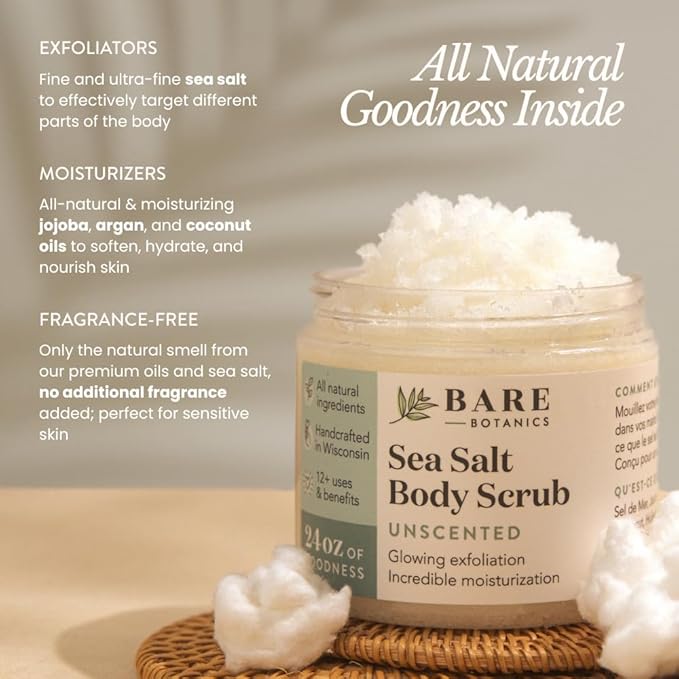 Bare Botanics Unscented Body Scrub 24 oz - Naturally Scented Sea Salt Scrub Made in Madison, WI - Formulated w/Skin Loving Moisturizers - Vegan, Cruelty Free Exfoliator w/a Cute Wooden Spoon-Velvo Beauty