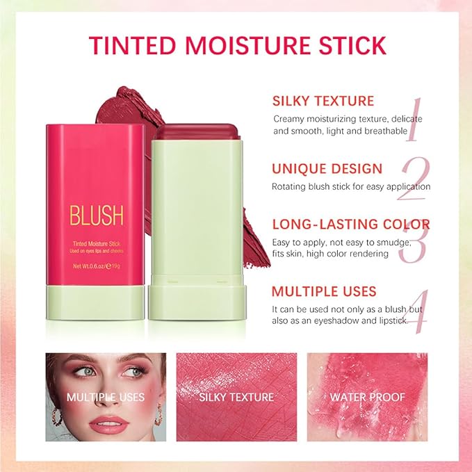 Multi-Purpose Makeup Blush Stick, 3-in-1 Beauty Tinted Solid Blush Stick For Cheeks, Lips And Eyes Waterproof Natural Cream Blush Stick With Long-Lasting Moisturizing Formula (#2Hot Red)-Velvo Beauty