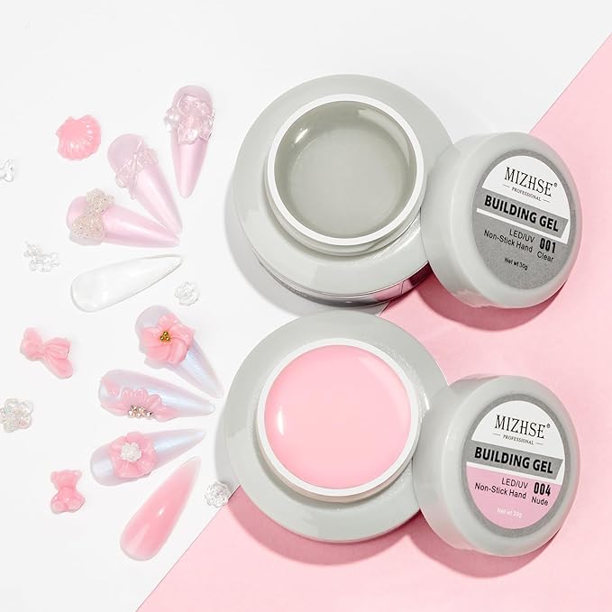MIZHSE Non-Sticky Solid Builder Gel For Nails, 30g Clear and Pink Sculpting Building Carving Modeling Hard Gel for Nail Strengthen Nail Extension 3D Nail Art for Soak Off Manicure Kit DIY Home Gift-Velvo Beauty